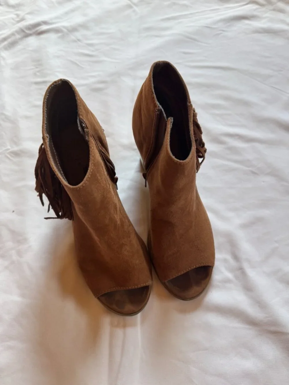 Brown Suede Fringe Peep Toe Ankle Booties Size 8.5